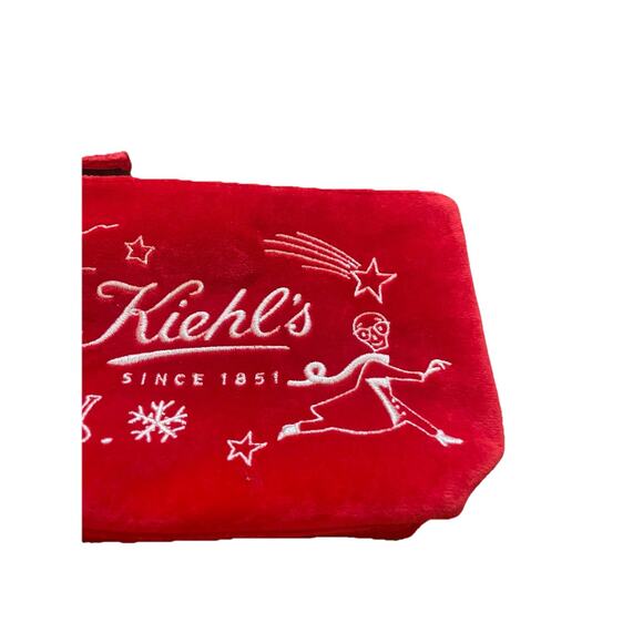 Kiehl's Red Soft Velvet Makeup Bag Cosmetic Pouch Holiday White Embroidery - Picture 3 of 6